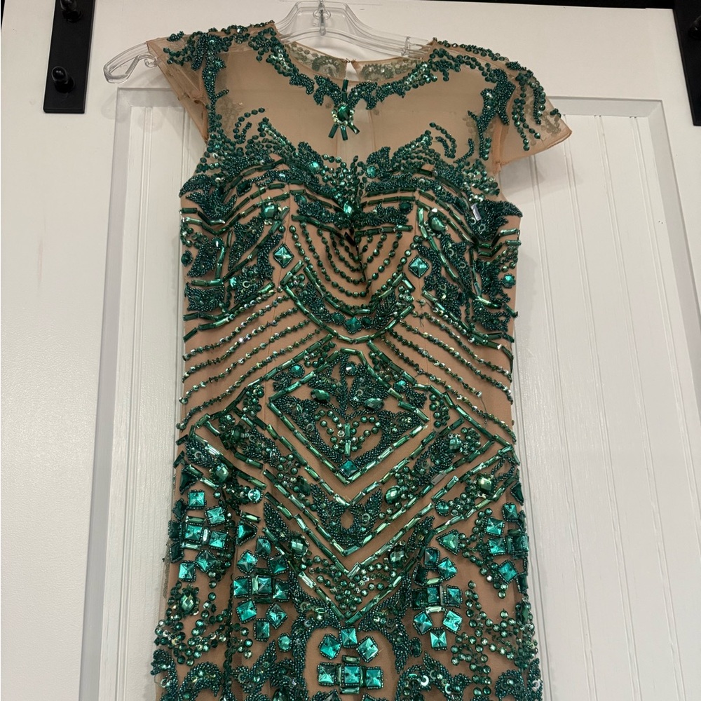 Sherri Hill Emerald Green Beaded Illusion Prom Dress